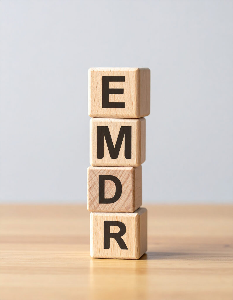 Wood cubes with abbreviation EMDR on table. Eye Movement Desensitization and Reprocessing.