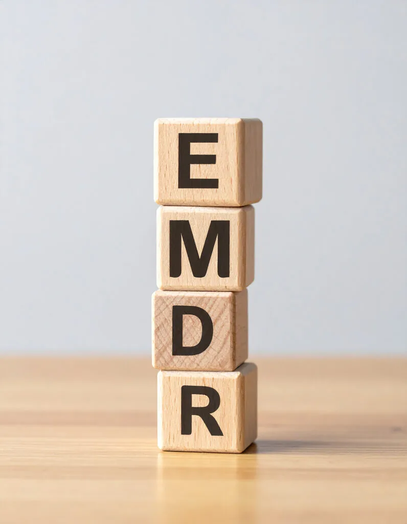 Wood cubes with abbreviation EMDR on table. Eye Movement Desensitization and Reprocessing.
